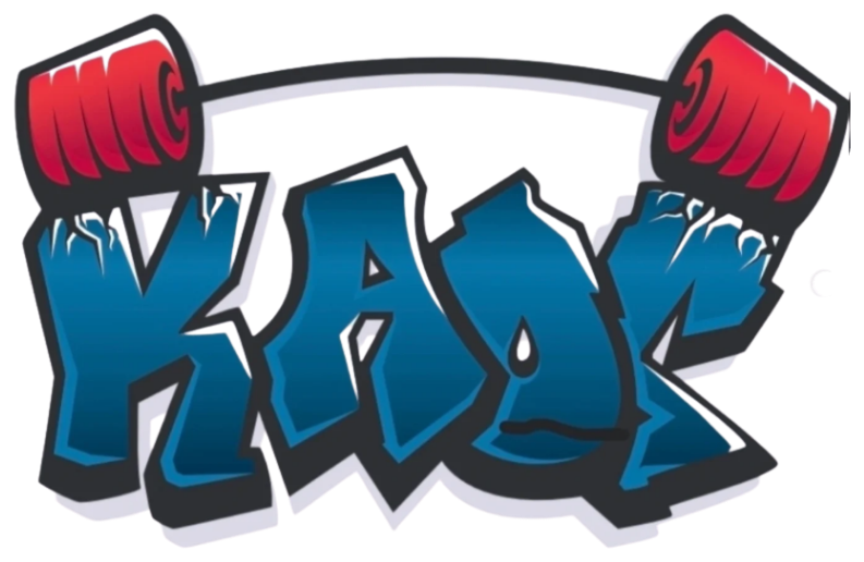 KAOS wordmark: graffiti letters under a bending barbell